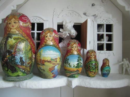 Russian doll and her four children on 'The Wolf's House', mixed media, 2012, by Jane Lee McCracken