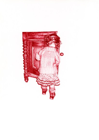 'The Sideboard II' red Biro drawing, 2008 by Jane Lee McCracken, inspired by the girl in the red coat, 'Schindler's List', 1993, Steven Spielberg http://www.janeleemccracken.co.uk/photo_4657718.html