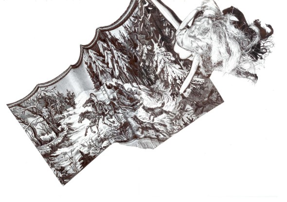 'Sindy and the Troika', black Biro drawing , 2008, by Jane Lee McCracken symbolises possessions left behind when people flee their homes during war or disaster.