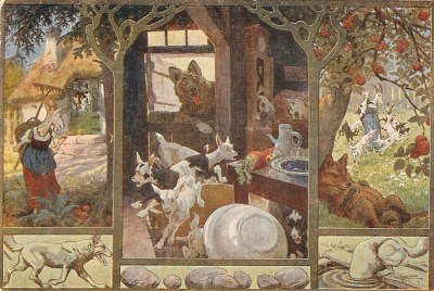 "Der Wolf und die sieben jungen Geißlein", vintage German postcard, Artist's collection