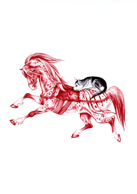 'Red Horse and the Wolf Cub - After Janet and Anne Grahame Johnstone', 2009, red and black Biro drawing by Jane Lee McCracken