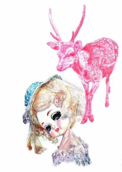 'Doll and Pink Boris', 2011, colour Biro drawing by Jane Lee McCracken, part of design for 'Red Riding Hood's Cloak' fabric pattern