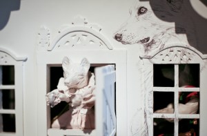 Black Biro drawing of Lily and 'Mrs Wolf'.  'Mrs Wolf' is made from a cast taken of wolf's head from my wedding cake-topper and the body of a vintage Polish Capeila doll as is 'Mr Wolf' who sits by the window.