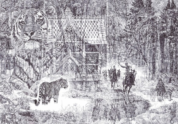 "Shh, it's a Tiger!", Siberian Tiger, 'In Homage to the Last Great Carnivores of Eurasia', 2013, black Biro drawing by Jane Lee McCracken 