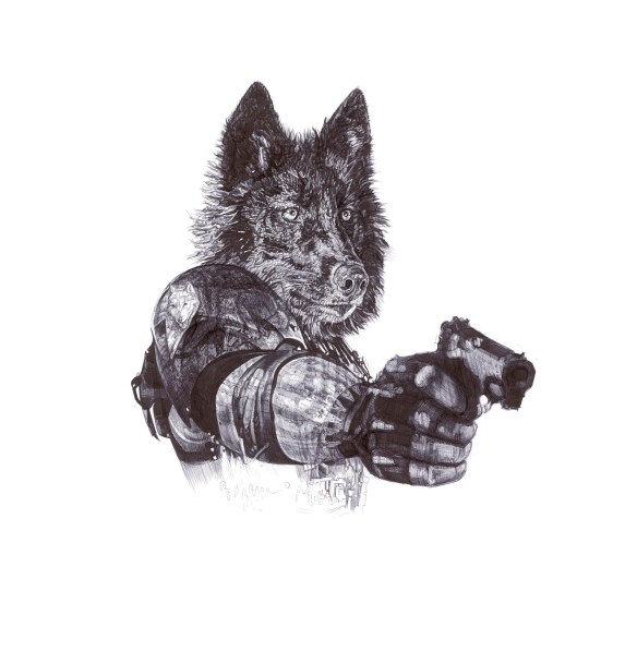 'Revenge', Wolves "In Homage to the Last Great Carnivores of Eurasia" black Biro drawing by Jane Lee McCracken