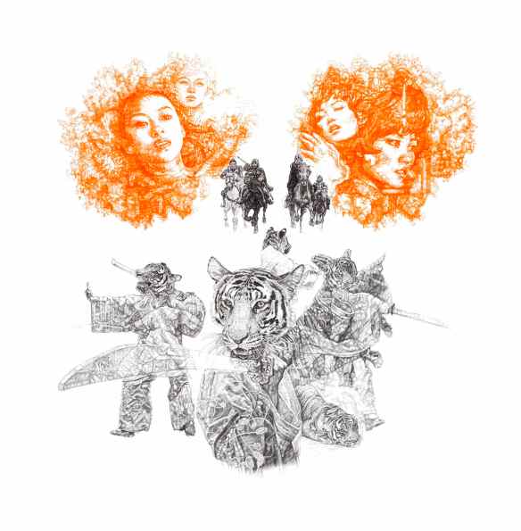 'Yin and Yang', black and neon orange Biro drawing by Jane Lee McCracken