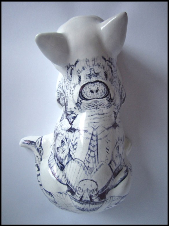 'Chernobyl Cat', biro on china figurine, 2013 by Jane Lee McCracken