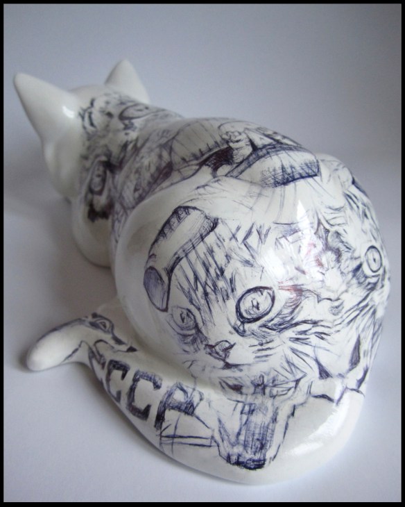 'Chernobyl Cat',Biro drawing on china, 2013 by Jane Lee McCracken