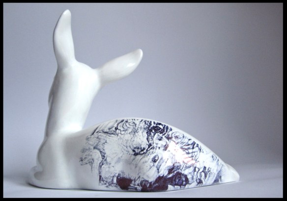 'Machli' black biro drawing on china by Jane Lee McCracken