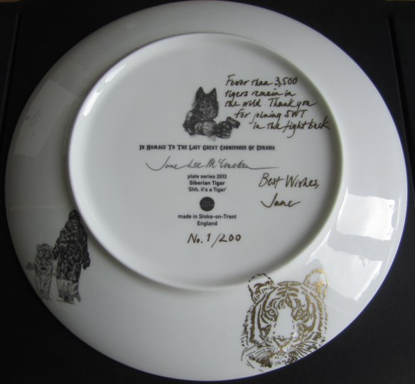 'Shh, it's a Tiger', gold inscription on china plate back, 2014
