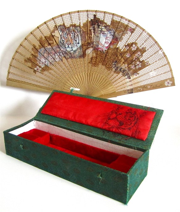 'Cherry Blossom Girl' colour Biro drawing on found Oriental Fan and 'Amoy' black Biro drawing on red silk box interior, Jane Lee McCracken 2014