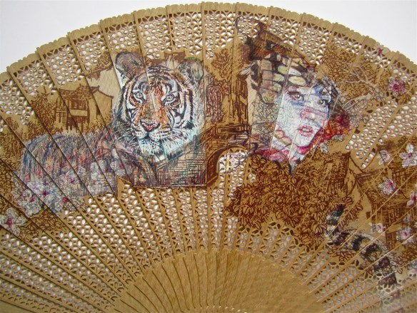 'Cherry Blossom Girl' colour Biro drawing on found Oriental Fan, detail