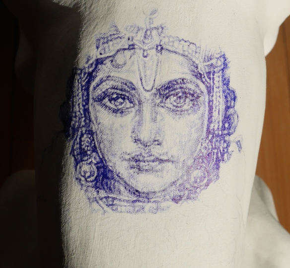 Detail of blue Biro tattoo drawing in progress