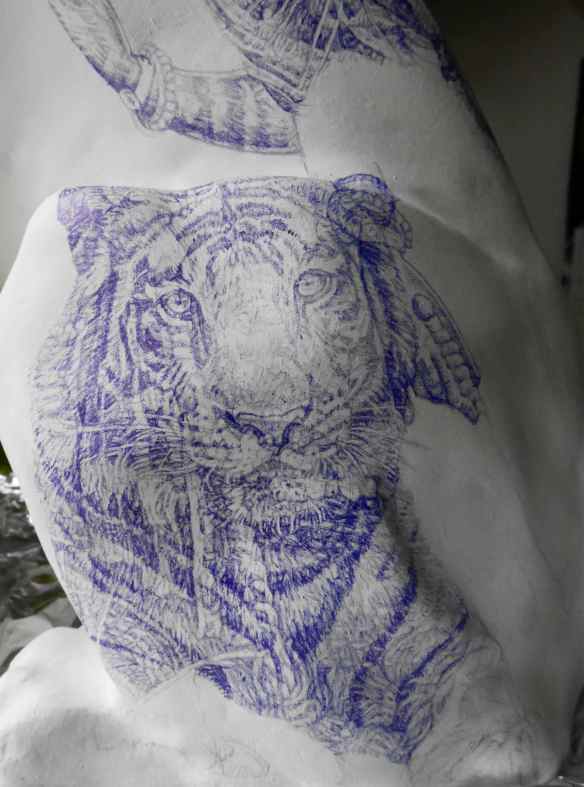 'King of India' blue Biro drawing part of Tiger Sculpture Tattoo